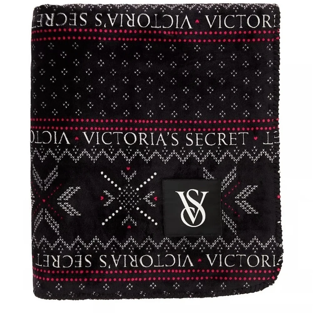 VICTORIA SECRET Black White Fair Isle Sherpa Plush Fleece Blanket 50X60 NEW‌